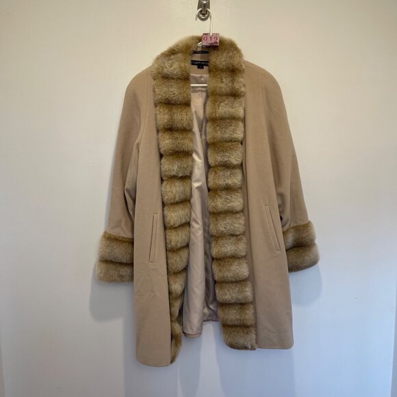 Albert Nipon XL Beige Wool Blend Coat Mink Faux Fur Trim & Pockets - Picture 7 of 7